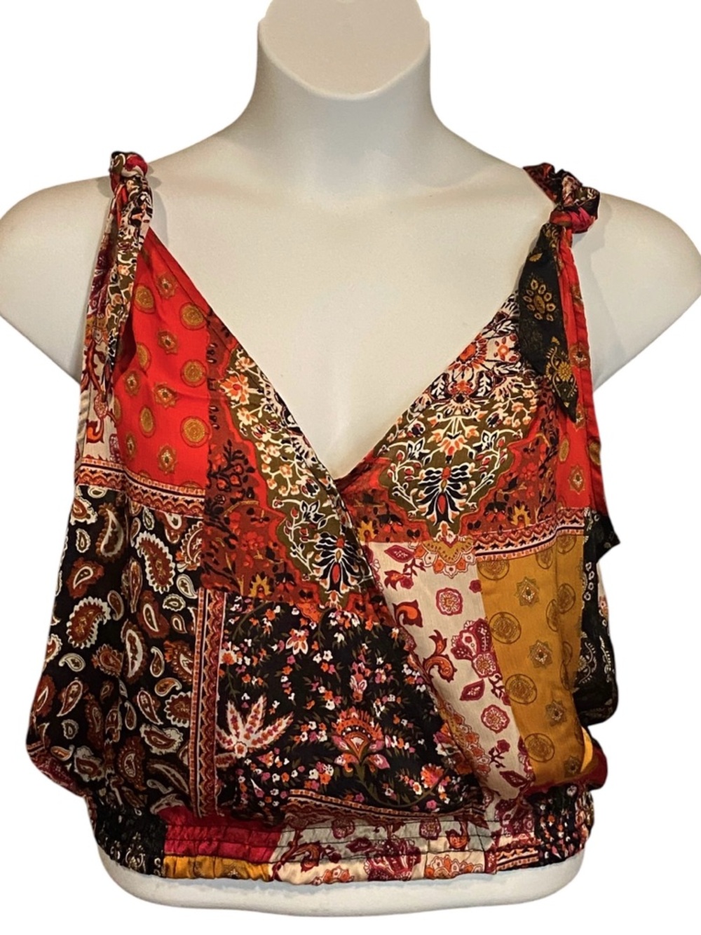 Easel NWT Boho Patchwork Cropped Surplice Sleeveless Top Womens Size Large